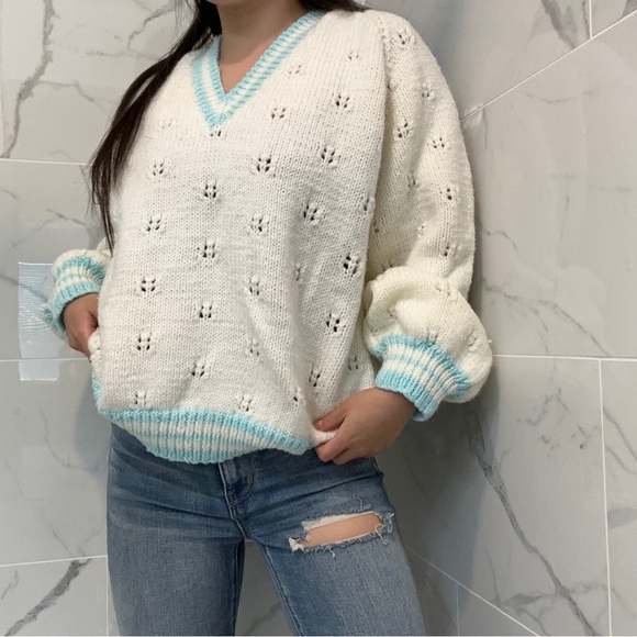 Hand Knit Oversized White Vneck Varsity Style Sweater - Picture 2 of 7